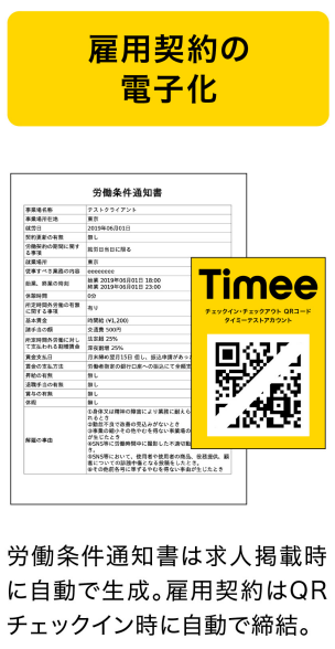 タイミー「雇用契約の電子化」労働条件通知書は求人掲載時に自動生成。雇用契約はQRチェックイン時に自動で締結。